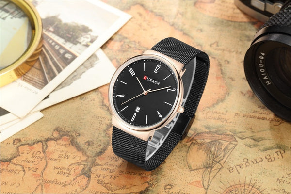 Luxury brand CURREN Quartz Watch Men Stainless Steel Mesh Strap Thin Clock Casual Wristwatch