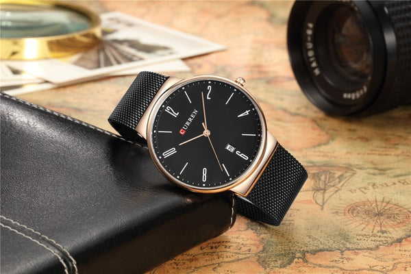 Luxury brand CURREN Quartz Watch Men Stainless Steel Mesh Strap Thin Clock Casual Wristwatch