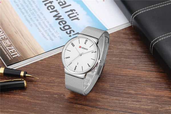 Luxury brand CURREN Quartz Watch Men Stainless Steel Mesh Strap Thin Clock Casual Wristwatch
