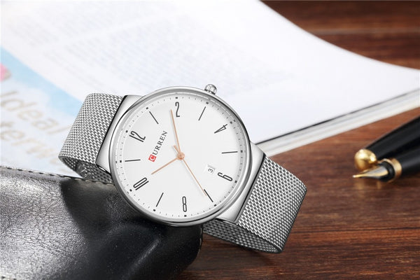 Luxury brand CURREN Quartz Watch Men Stainless Steel Mesh Strap Thin Clock Casual Wristwatch