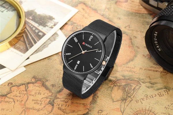 Luxury brand CURREN Quartz Watch Men Stainless Steel Mesh Strap Thin Clock Casual Wristwatch