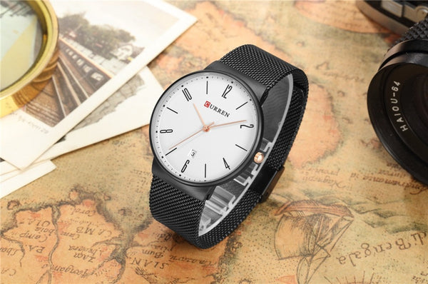 Luxury brand CURREN Quartz Watch Men Stainless Steel Mesh Strap Thin Clock Casual Wristwatch