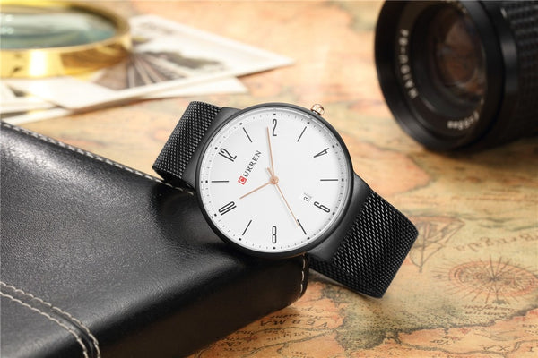 Luxury brand CURREN Quartz Watch Men Stainless Steel Mesh Strap Thin Clock Casual Wristwatch