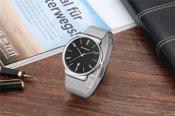 Luxury brand CURREN Quartz Watch Men Stainless Steel Mesh Strap Thin Clock Casual Wristwatch