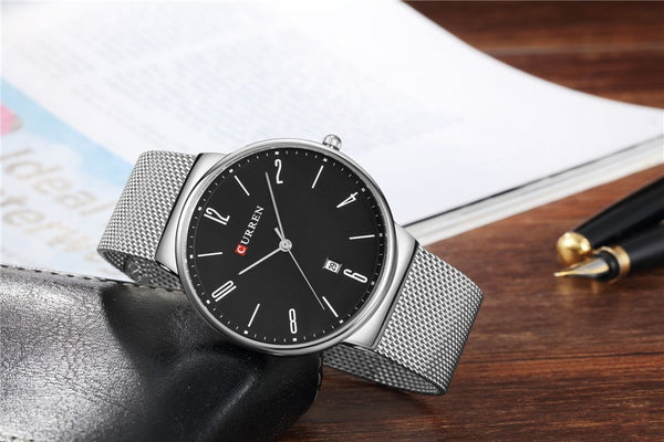 Luxury brand CURREN Quartz Watch Men Stainless Steel Mesh Strap Thin Clock Casual Wristwatch