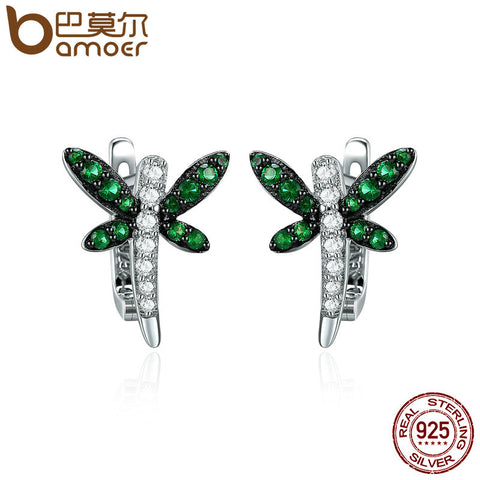 Authentic 925 Sterling Silver Dragonfly Whispers Clear CZ Hoop Earrings