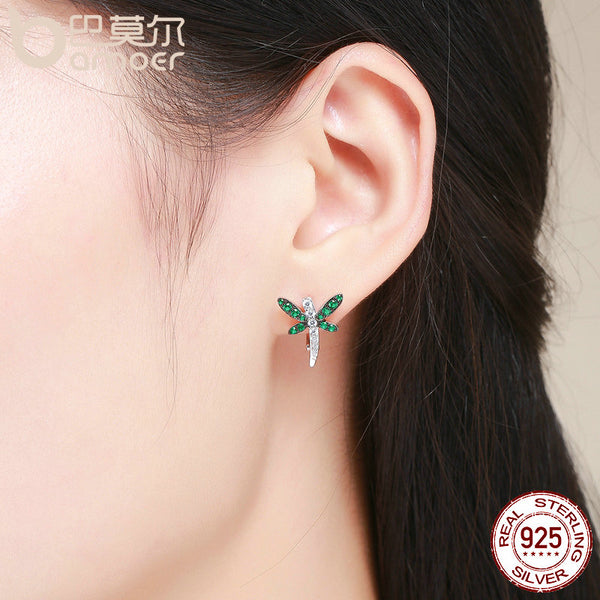 Authentic 925 Sterling Silver Dragonfly Whispers Clear CZ Hoop Earrings
