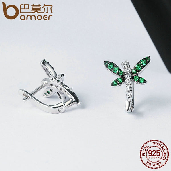 Authentic 925 Sterling Silver Dragonfly Whispers Clear CZ Hoop Earrings