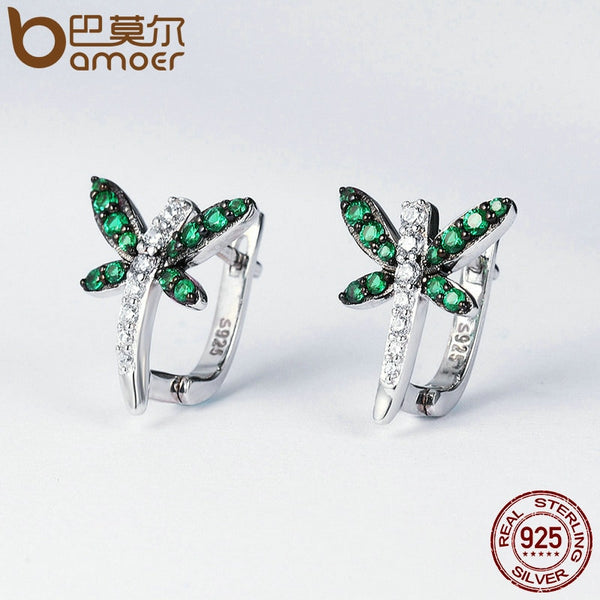 Authentic 925 Sterling Silver Dragonfly Whispers Clear CZ Hoop Earrings