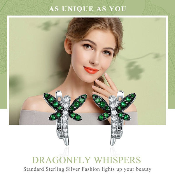 Authentic 925 Sterling Silver Dragonfly Whispers Clear CZ Hoop Earrings