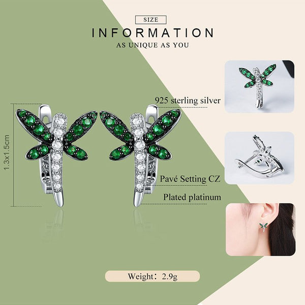 Authentic 925 Sterling Silver Dragonfly Whispers Clear CZ Hoop Earrings