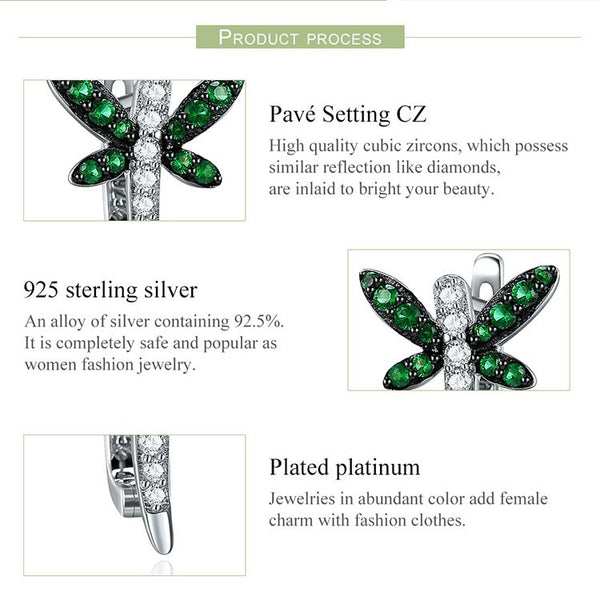Authentic 925 Sterling Silver Dragonfly Whispers Clear CZ Hoop Earrings