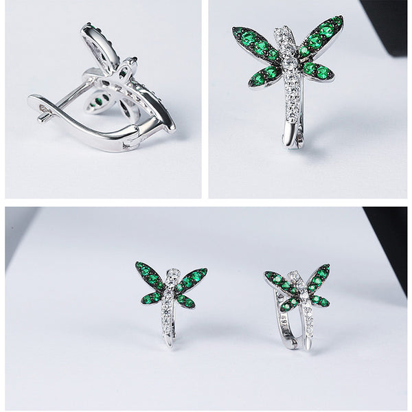 Authentic 925 Sterling Silver Dragonfly Whispers Clear CZ Hoop Earrings