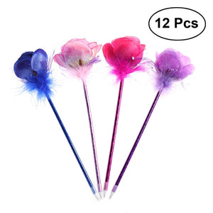 12pcs Mixed Four Colors Rose Flower Style Decorative Pens Flower Blue Ink Pens