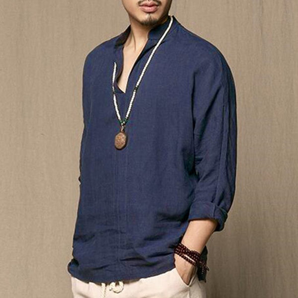 Linen Shirts Men Casual Breathable Retro Long Sleeve Shirt