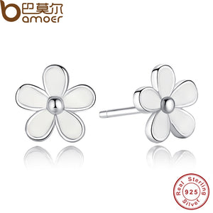 925 Sterling Silver Darling Daisy Stud Earring White Enamel With Clear CZ