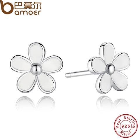 925 Sterling Silver Darling Daisy Stud Earring White Enamel With Clear CZ