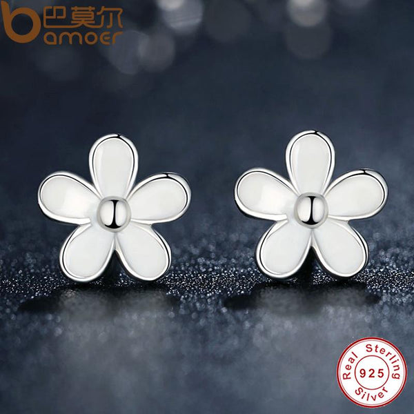 925 Sterling Silver Darling Daisy Stud Earring White Enamel With Clear CZ