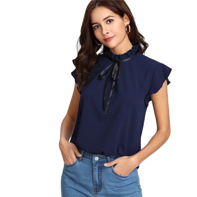Tied Frilled Neck Button Back Shirt Navy Stand Collar Women Chiffon Blouse