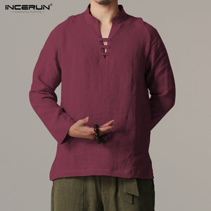 Men Long Sleeve Slim Fit Shirt Male Vintage Retro