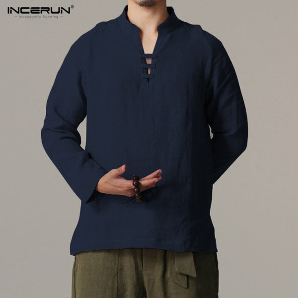 Men Long Sleeve Slim Fit Shirt Male Vintage Retro