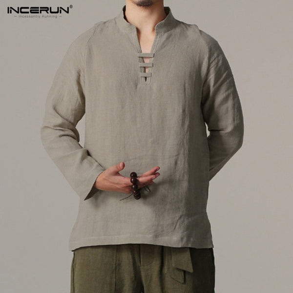 Men Long Sleeve Slim Fit Shirt Male Vintage Retro