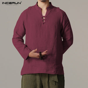Men Long Sleeve Slim Fit Shirt Male Vintage Retro