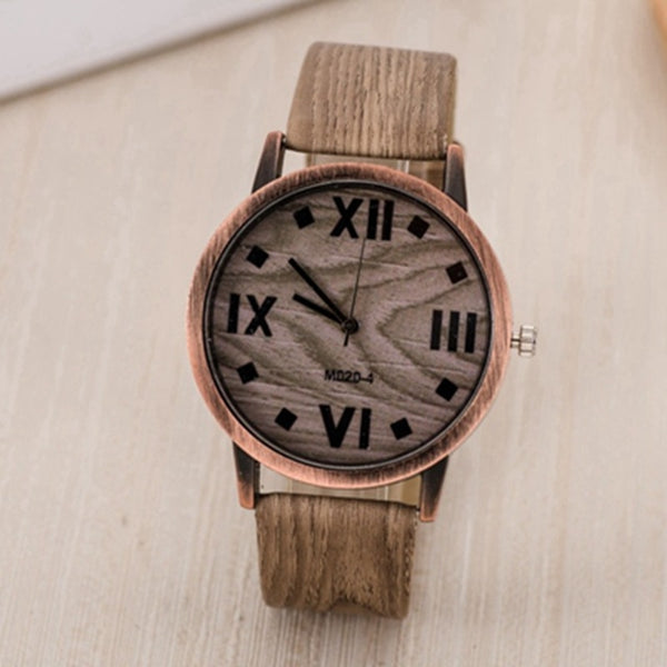 Leather Quartz female Wrist Watches Roman Numerals Dark Brown Wood Stripe Battery Included 24cm(9 4/8") long,