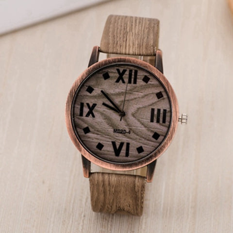 Leather Quartz female Wrist Watches Roman Numerals Dark Brown Wood Stripe Battery Included 24cm(9 4/8") long,