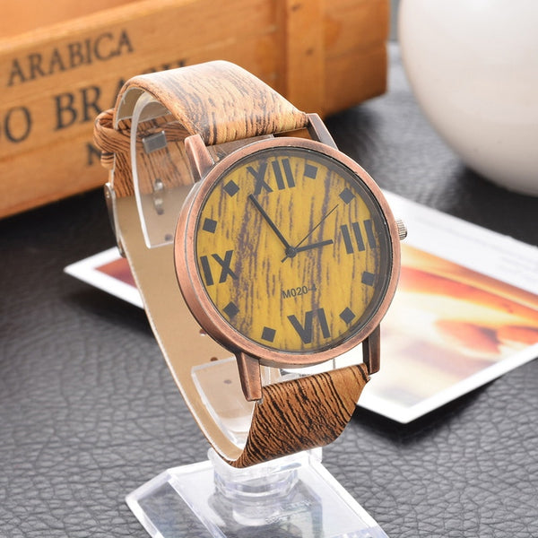 Leather Quartz female Wrist Watches Roman Numerals Dark Brown Wood Stripe Battery Included 24cm(9 4/8") long,