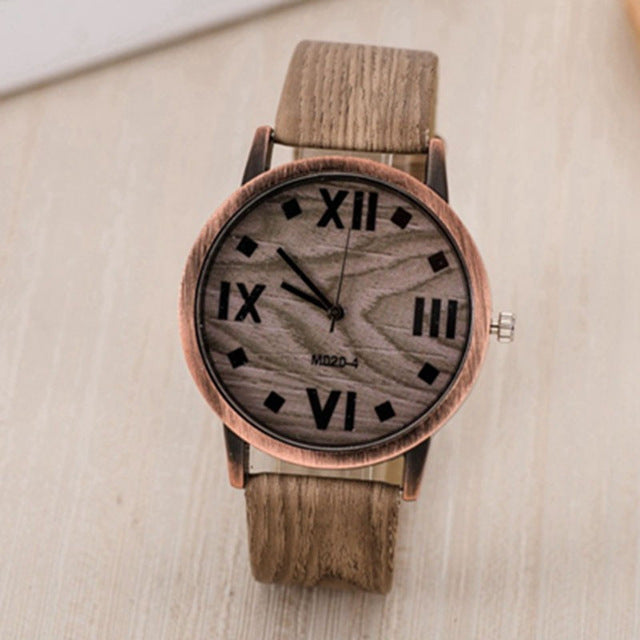 Leather Quartz female Wrist Watches Roman Numerals Dark Brown Wood Stripe Battery Included 24cm(9 4/8") long,