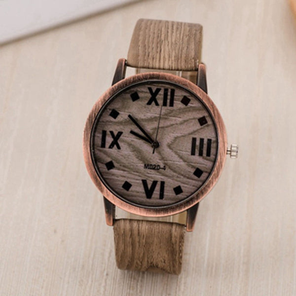 Leather Quartz female Wrist Watches Roman Numerals Dark Brown Wood Stripe Battery Included 24cm(9 4/8") long,