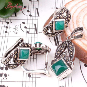 Green Agate Hand Mosaic Gem Stone Beads Tibetan Silver Fashion Style Earring Pendant Rings 1 Set