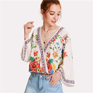 Surplice Neckline Florals Top 2018 Summer V Neck Long Sleeve Print