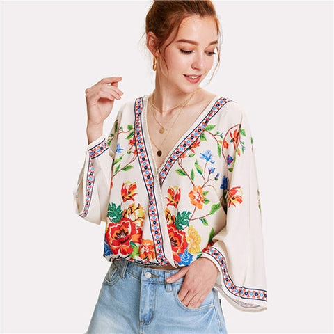 Surplice Neckline Florals Top 2018 Summer V Neck Long Sleeve Print