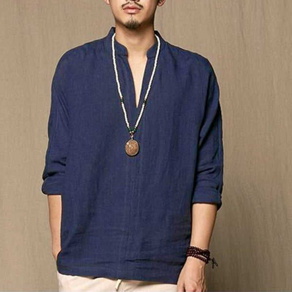 Linen Shirts Men Casual Breathable Retro Long Sleeve Shirt