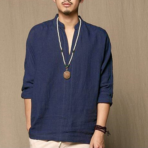 Linen Shirts Men Casual Breathable Retro Long Sleeve Shirt