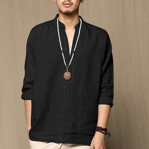 Linen Shirts Men Casual Breathable Retro Long Sleeve Shirt