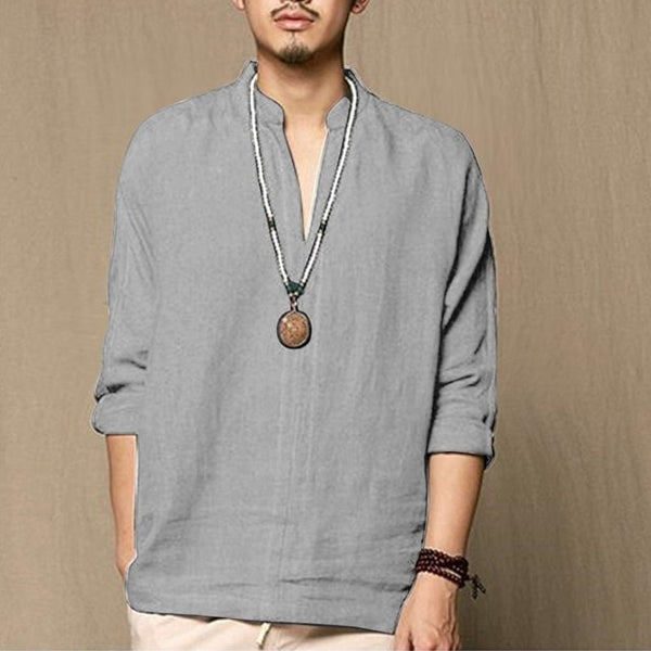 Linen Shirts Men Casual Breathable Retro Long Sleeve Shirt