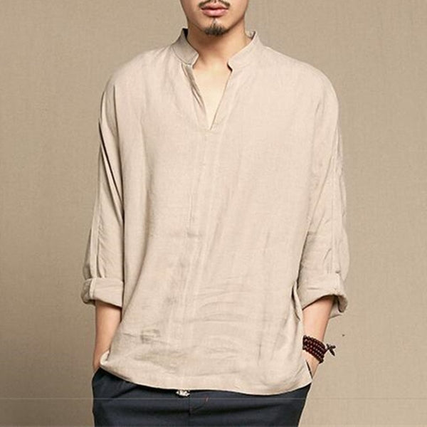 Linen Shirts Men Casual Breathable Retro Long Sleeve Shirt