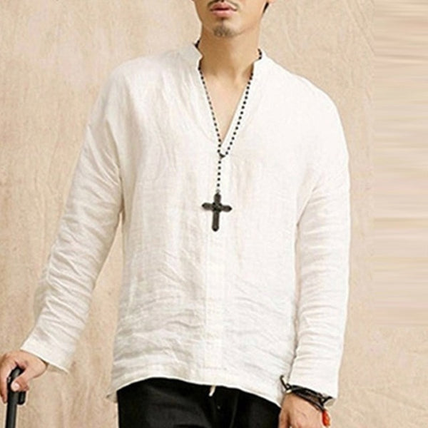 Linen Shirts Men Casual Breathable Retro Long Sleeve Shirt
