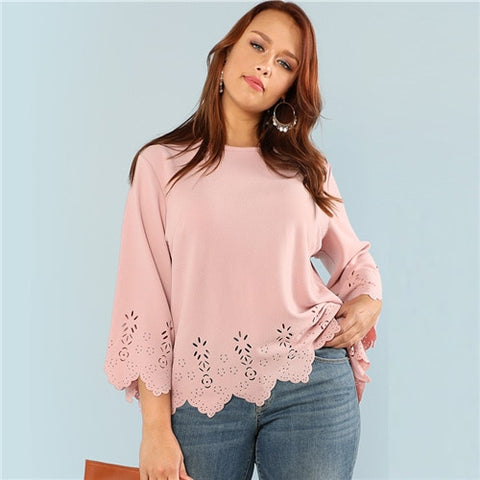 Cut Solid Top 2018 Summer Round Neck Three Quarter Length Flounce Sleeve