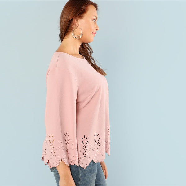 Cut Solid Top 2018 Summer Round Neck Three Quarter Length Flounce Sleeve