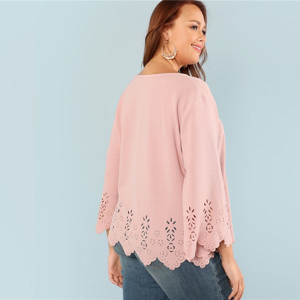 Cut Solid Top 2018 Summer Round Neck Three Quarter Length Flounce Sleeve