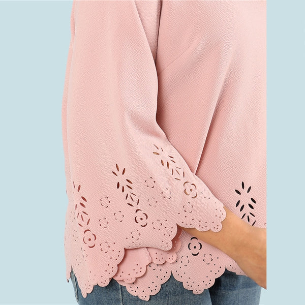Cut Solid Top 2018 Summer Round Neck Three Quarter Length Flounce Sleeve