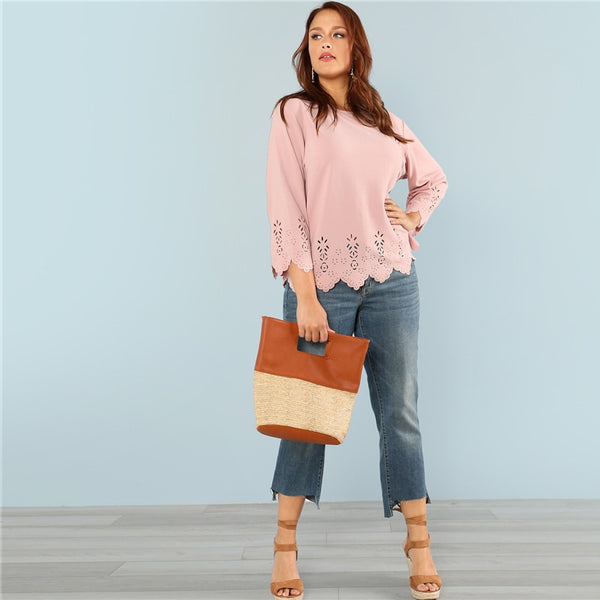 Cut Solid Top 2018 Summer Round Neck Three Quarter Length Flounce Sleeve
