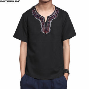 Men Solid Flax Short Sleeve Shirt Embroidery Casual shirt