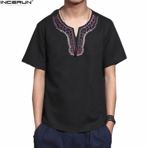 Men Solid Flax Short Sleeve Shirt Embroidery Casual shirt