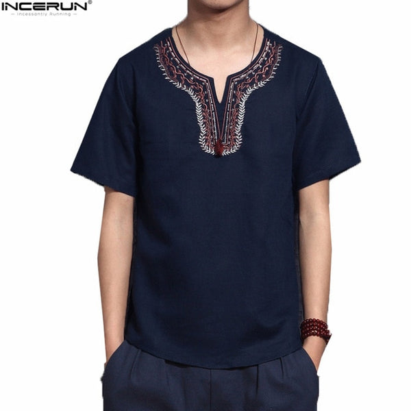 Men Solid Flax Short Sleeve Shirt Embroidery Casual shirt