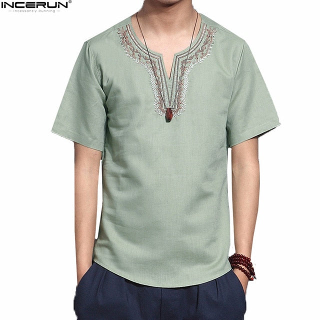 Men Solid Flax Short Sleeve Shirt Embroidery Casual shirt
